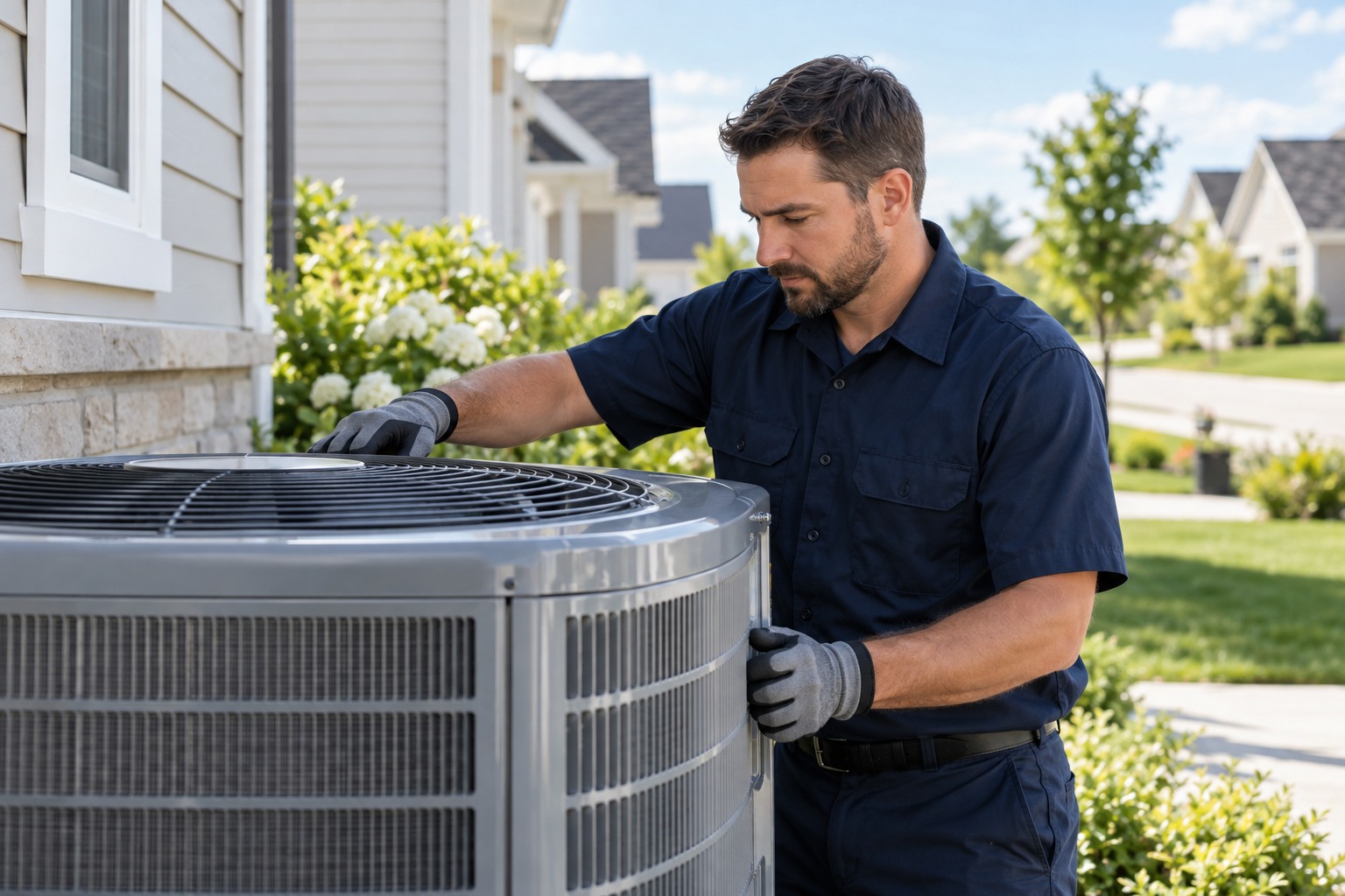 HVAC technician inspecting an outdoor residential air conditioner